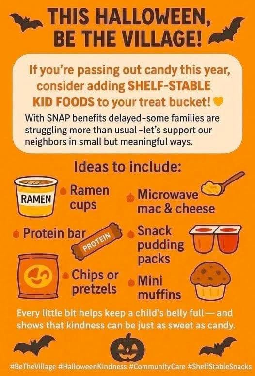 Graphic suggesting that people hand out shelf-stable kid-friendly foods like ramen cups and protein bars along with their candy at Halloween