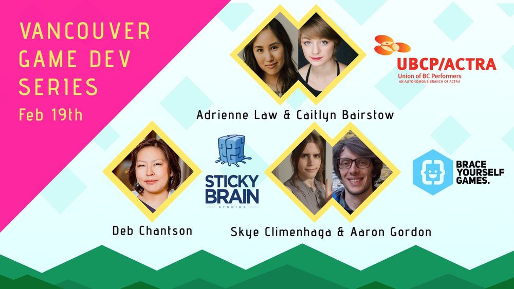 Infographic for Vancouver Game Dev Series Feb 19 -

Featuring Adrienne Law & Caitlyn Bairstow of UBCP/ACTRA
Deb Chantson of Sticky Brain Studios
Skye Climenhaga & Aaron Gordon of Brace Yourself Games and Rift of the NecroDancer