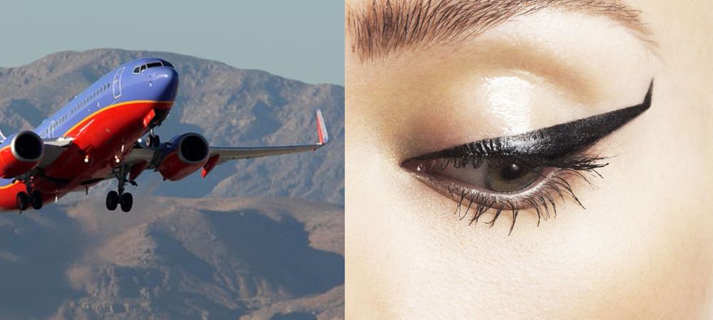 A southwest 737 in flight near the ground with a blended winglet. Mountains in the background. Juxtaposed: a closeup of a feminine eye in makeup, a black wingtip eyeliner extends out into a crooked point upwards