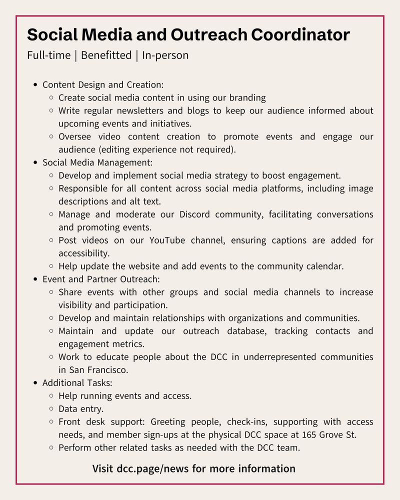 A cream colored slide with a pink border, with the heading "Social Media and Outreach Coordinator" and subheading "Full-time | Benefitted | In-person." Below are details about the position that can be found by navigating to the link above.⁠