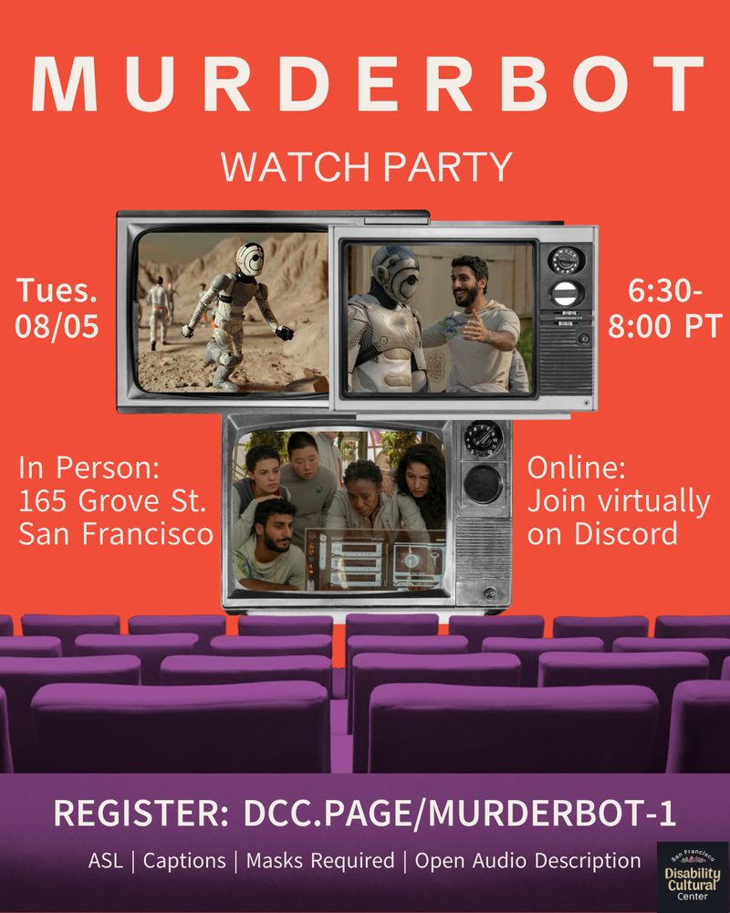 Slide 1: On an orange background, 3 TVs show scenes from the Murderbot TV series. In the bottom foreground are purple movie theater seats. Details same as above. 
