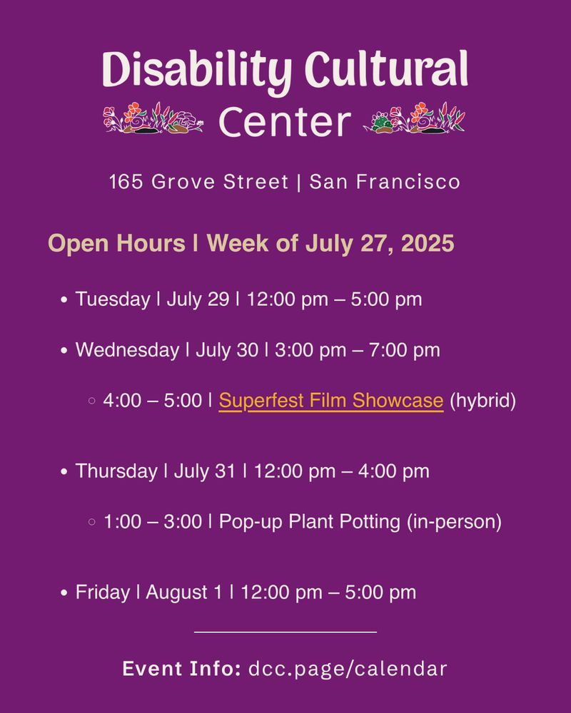 Slide 1: Open hours slide with purple background. DCC logo at the top. Heading is week of July 27. Details the same as caption.