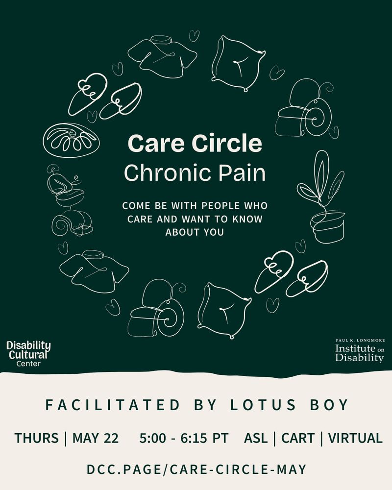 Atop a dark green and beige background, a title reads "Care Circle Chronic Pain." The title is surrounded by a circle of outlines of pillows, shirts, wheelchairs, and other care items. DCC and Longmore Institute logos are at the bottom. Details same as in caption.
