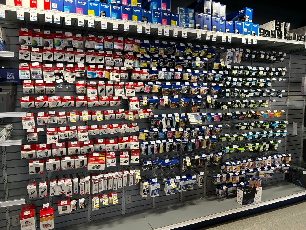 A 12 foot sales wall of printer inks