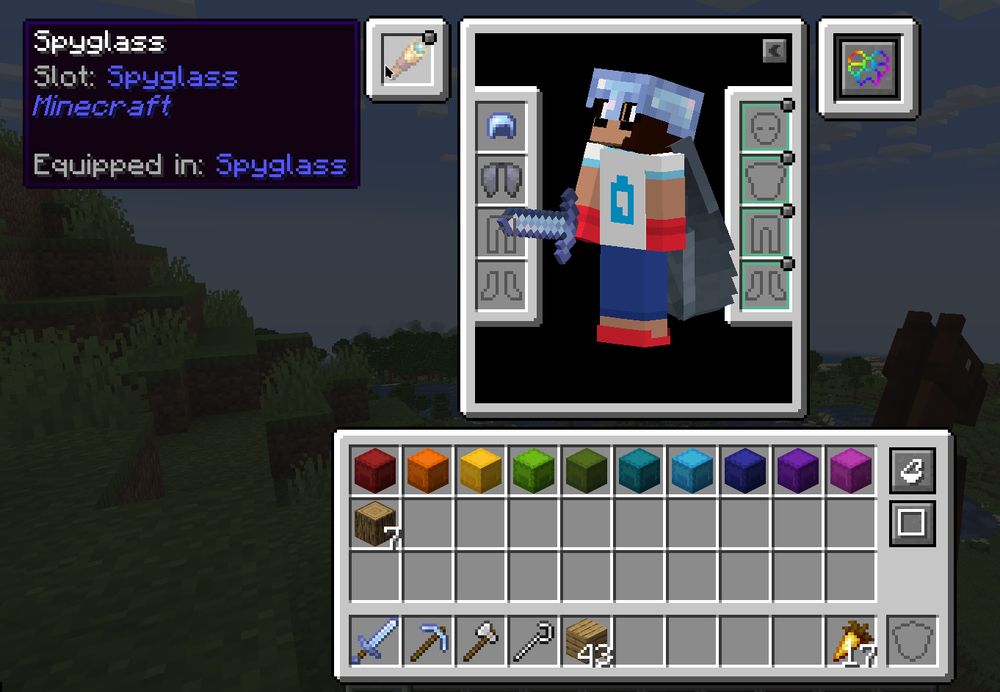 A Minecraft inventory with modifications from the Accessories mod visible. The player can be seen looking at the only additional slot, the Spyglass slot, where a spyglass item can be seen slotted in. The contents of the usual inventory contain retextured diamonds tools, iron tools (including a crook from Crooked Crooks), wood, golden carrots, and a line of rainbow shulker boxes covering ten columns. The inventory is once again suspiciously larger than usual.