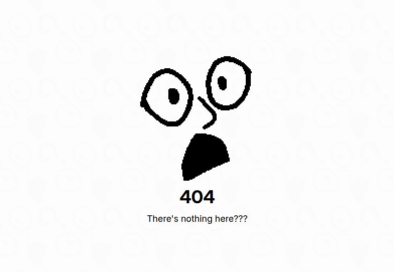 In a white background, a shocked face is in the center. Below that face, is the following text: "404. There's nothing here???". A tiling pattern can barely be seen on said background.
