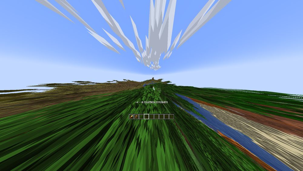 A screenshot of an extremely zoomed out Minecraft landscape, showing the entire world as if the player was above everything. In the zoomed out player view, an action bar message can be seen: "-4 - 0.396850269920499".
