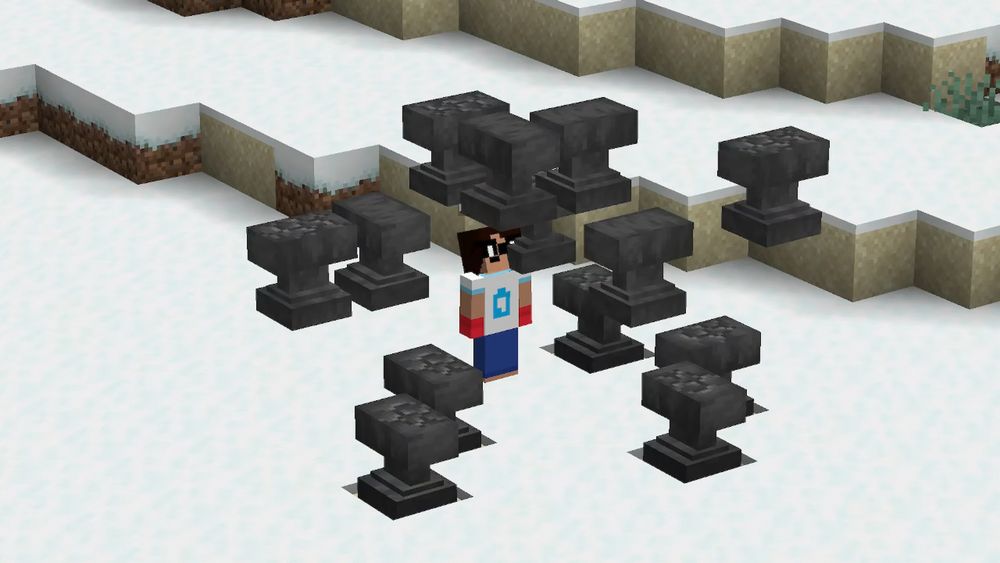 A zoomed-in view of Ennui on a snowy Minecraft plains about to be crushed by a bunch of scattered anvils. 
