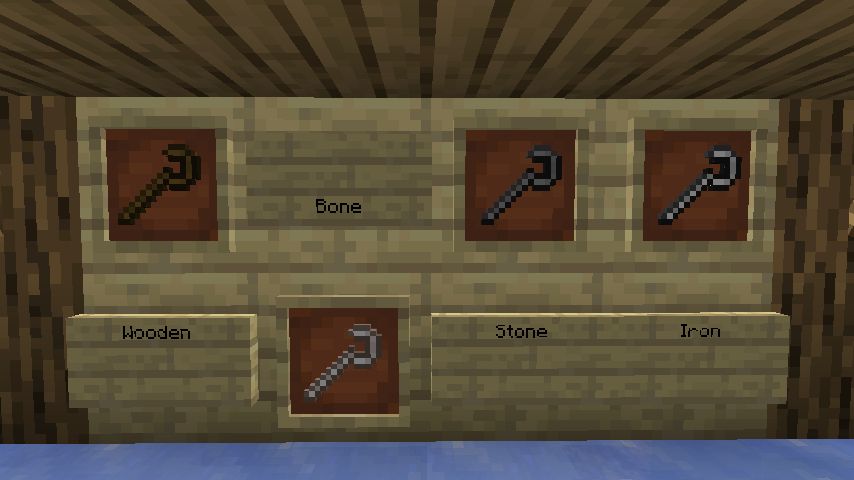 A wooden board on an ice surface with 4 crooks inside item frames placed on it. They're labelled: "Wooden", "Bone" (with it being shifted down compared to the others), "Stone" and "Iron".