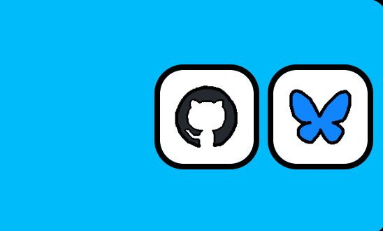 A plain light blue background, with two white rounded squares with black outlines acting as buttons. One has a hand-drawn GitHub logo, another has a hand-drawn Bluesky logo. Hints of a rounded black border covering the blue background can be seen on the right