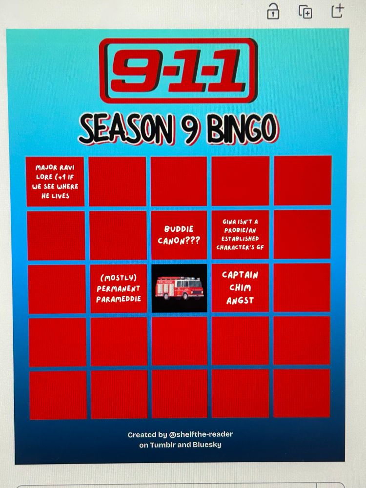 Mostly blank bingo card.

Blue gradient background, red evenly spaced squares, 9-1-1 logo and underneath says “SEASON 9 BINGO”