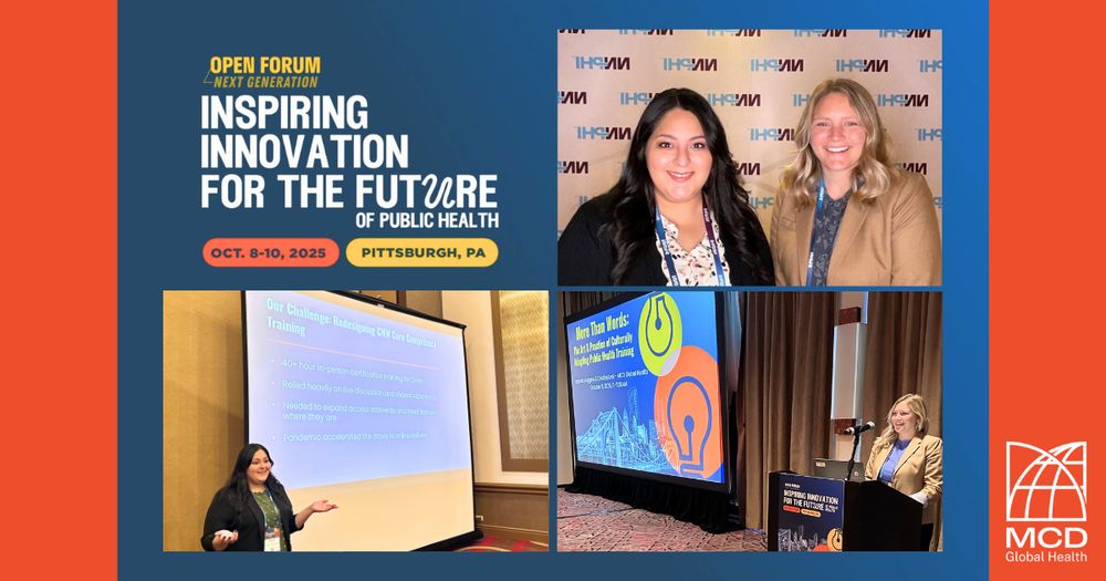 blue and red colors with three photos of two women with the text inspiring innovation for the future of public health