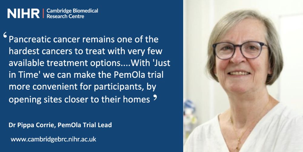 A slide showing a woman in a white top wearing glasses smiling at the camera on the right side with the words 'Pancreatic cancer remains one of the hardest cancers to treat with very few available treatment options... With 'Just In Time' we can make the PemOla trial more convenient for participants, by opening sites closer to their homes'