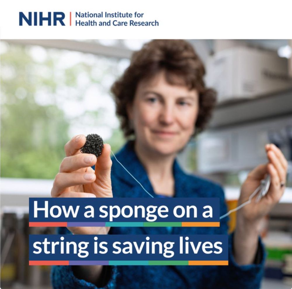 NIHR logo at the top (National Institute for Health and Care Research) Blurred picture of woman with brown hair in a blue top holding a capsule sponge on a string (Professor Rebecca Fitzgerald) with the words 'How a sponge on a string is saving lives' 