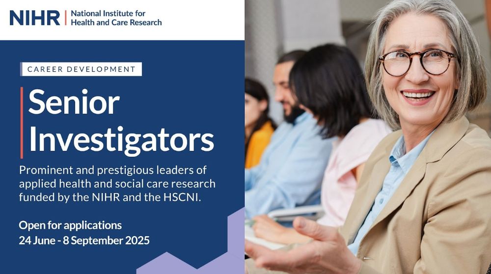 Slide with older lady wearing glasses smiling to the right. To the left text reads, Senior Investigators, Prominent and prestigious leaders of applied health and social care research funded by NIHR and the HSCNI. Open for applications - 24 June - 8 September 2025