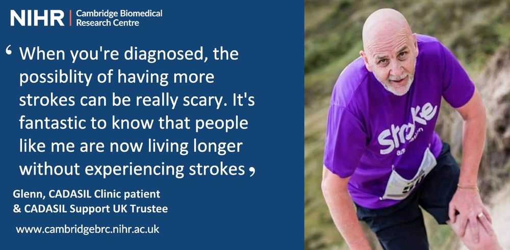 Slide with man on the right side in a purple t-shirt looking at the camera. On the left it reads 'when you're diagnosed, the possiblity of having more strokes can be really scary. It's fantastic to know that people like me are now living longer without experiencing strokes' Glenn, CADASIL Clinic Patient and CADASIL Support UK Trustee 