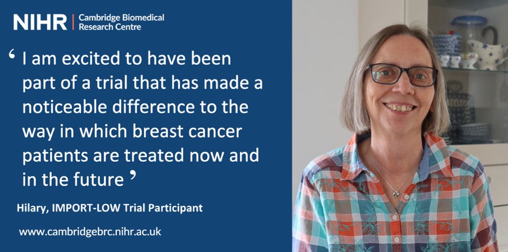 Slide that shows a woman in a check shirt, wearing glasses looking at the camera smiling and on the left it reads 'I am excited to have been part of a trial that has made a noticeable difference to the way in which breast cancer patients are treated now and in the future' Hilary, IMPORT-LOW Trial Participant 