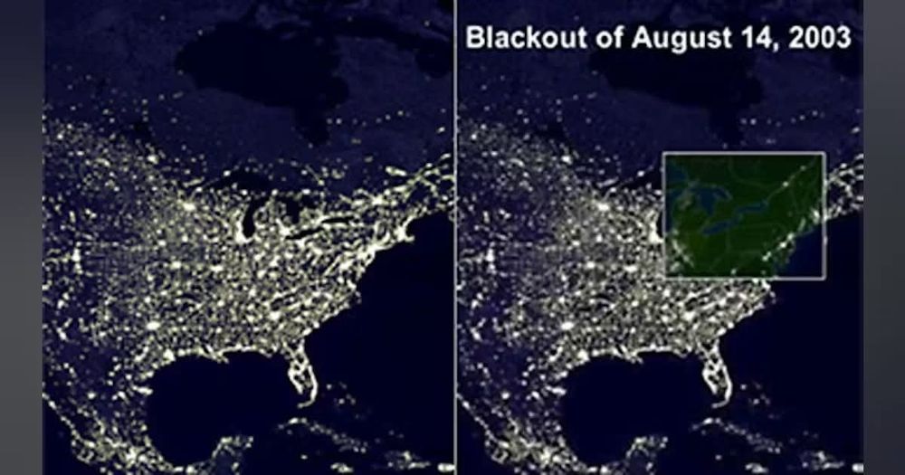 Satellite map of North America showing the Northeast blackout of August 14, 2003.