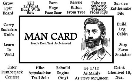Man card, with list of ridiculous tasks like "Grow epic beard, kill 12 point buck with bow, earn huge face scar, rescue kitten from tree, take up smoking tobacco from pipe, survive rattlesnake bite, build log cabin, stop purse snatcher, enter lumberjack contest, hike Appalachian Trail solo, rebuilt engine (any), be 1/10 as manly as Steve McQueen and drink Glenlivet 18, neat.  