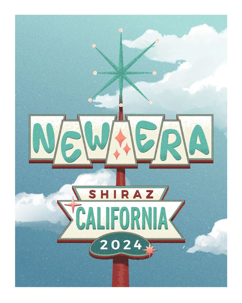 A grainy vision of a Googie Style sign that says "New Era, Shiraz, California 2024"

It's soft with teals and pinks, feeling like an old postcard.

#graphicdesign #illustration #design #winelabel