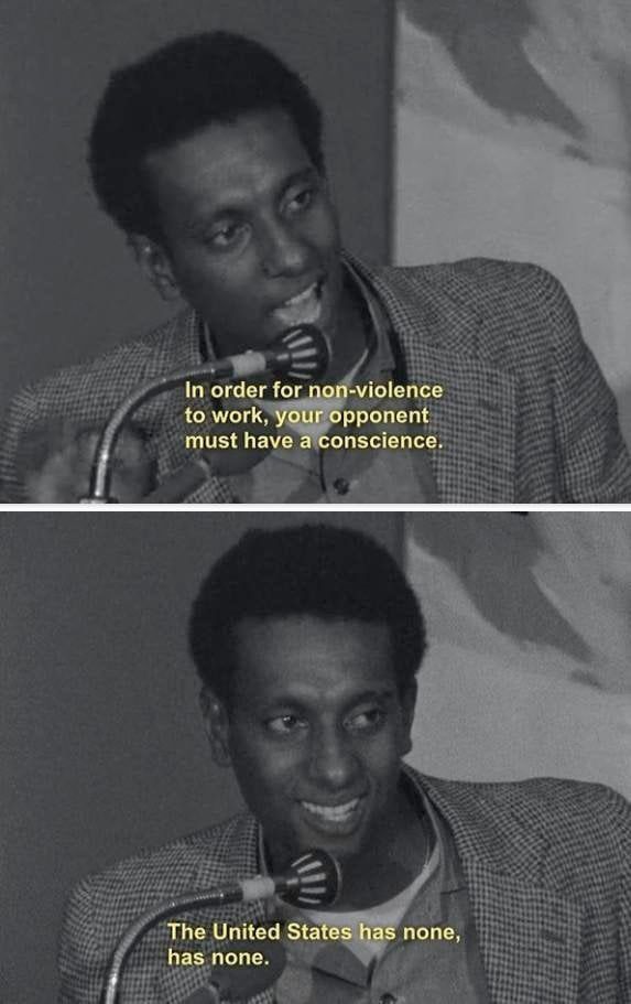 An image of a young Stokely Carmicheal saying "In order for the non-violence to work, your opponent must have a conscience. The United States has none, has none."