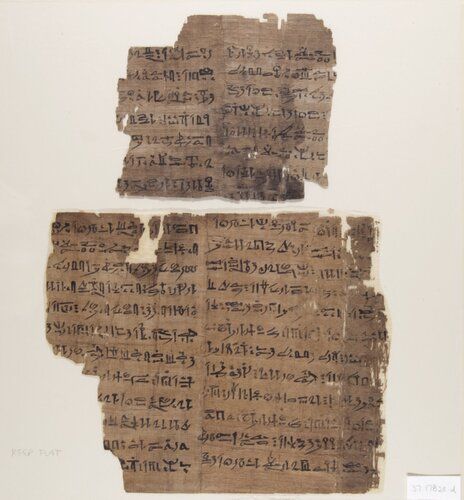 Chapter 15 of the Book of the Dead, The Hymn to Ra. Vignette, in black ink, from a Book of the Dead, showing as official named Djed-khonsu-inf-ankh, son of Nesamun, son of Hor; he stands to the right, worshipping the falcon-headed god Ra-harakhte who is seated left.