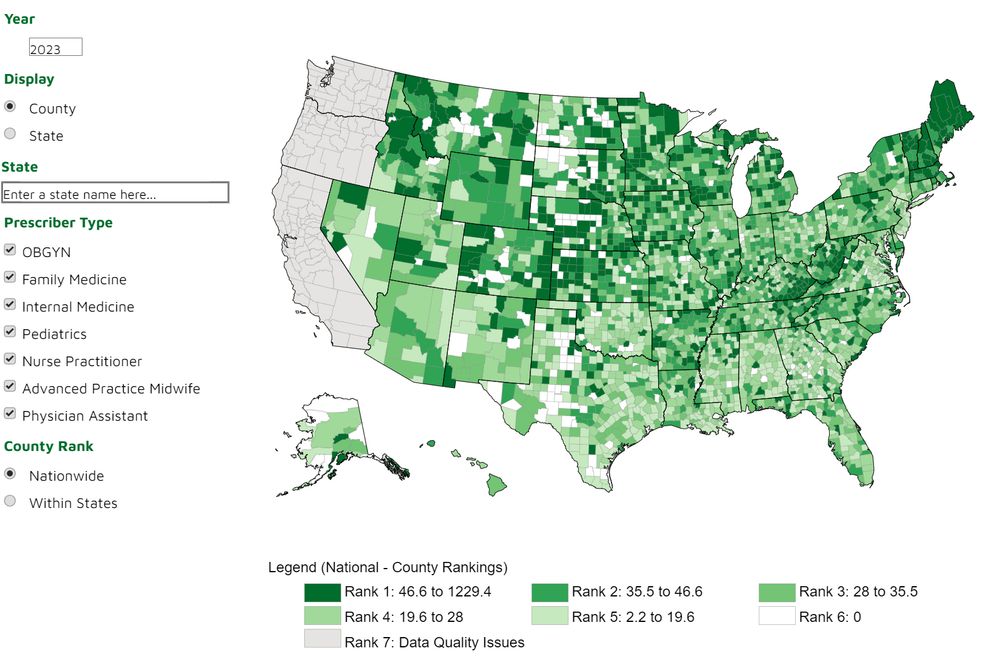 Map of the United States showing density of contraception prescription providers in each county, excluding California, Oregon, and Washington. 