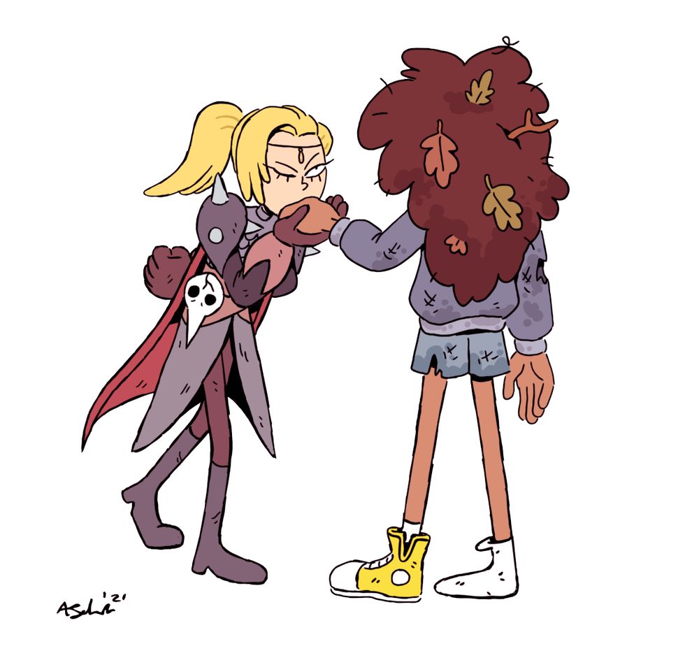 Sasha leaning forward with an arm behind her back and the other holding Anne's hand to kiss. They are both depicted in their early designs.