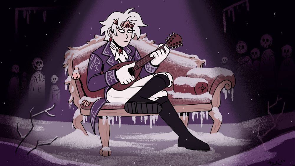 Eirwyn sitting on an 18th century lounge chair covered in snow, leaned back and playing the mandolin with one leg crossed over the other. She is playing in a large snow covered room to ghosts of times past. 