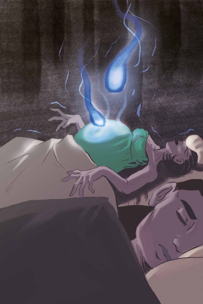 Página de quadrinhos por Talessa K mostrando uma mulher grávida adormecida recebendo  espíritos e luzes em sua barriga