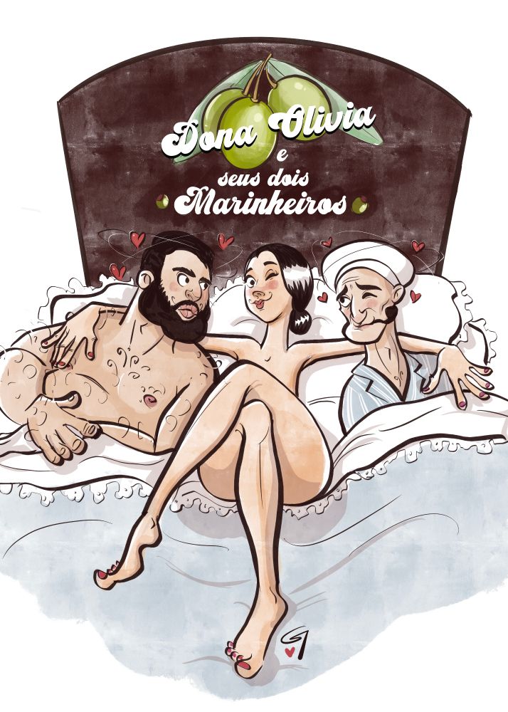 Ilustração colorida parodiando o poster clássico de Dona Flor e seus dois Maridos, em que os três estão deitados numa cama de casal mas em lugar de Vadinho, Flor e Dr. Teodoro, desenhei Brutus, Olívia Palito e Popeye. Texto: Dona Olívia e seus dois Marinheiros.
Brutus é um homem bronzeado, gordo, peludo e barbudo, Olivia uma mulher magra e usa seus cabelos pretos presos num coque, Popeye é um homem que usa chapéu de marinheiro, nesta cena, pijama azul e fuma um cachimbo