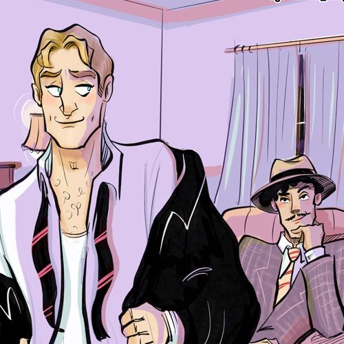 ilustração colorida: em um quarto , um homem loiro e branco tira seu paletó enquanto outro, moreno, usando chapéu e terno, está sentado olhando pro primeiro