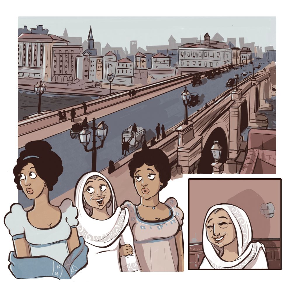 ilustração colorida, parte de uma página de quadrinhos, três mulheres andam pelas ruas de Londres na época da Regência, as duas mais jovens são negras e a mais velha é indiana e usa roupas brancas
