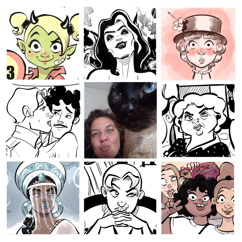 art vs artists: vários recortes com rostos de personagens que desenhei e no centro, foto do meu rosto, sou uma mulher branca, de olhos claros e cabelos castanhos, em primeiro plano nessa foto, uma gatinha sialata de olhos azuis