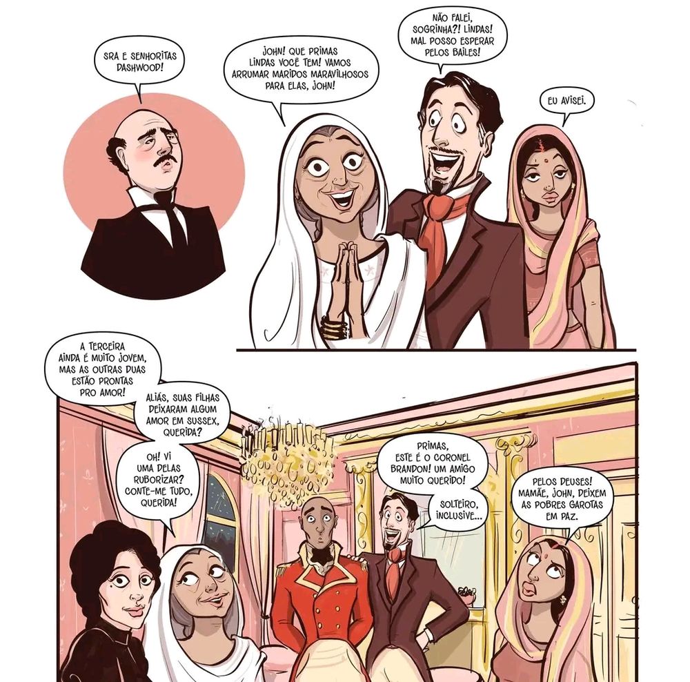 Parte de uma página de quadrinhos colorida: uma reunião em uma sala rosa com adornos dourados. O mordomo anuncia a chegada de convidados e a turma já presente parece quase toda se empolgar, exceto por um oficial anglo-indiano que parece muito tímido e a dona na casa, uma mulher jovem indiana que tenta proteger as convidadas da empolgação dos demais
