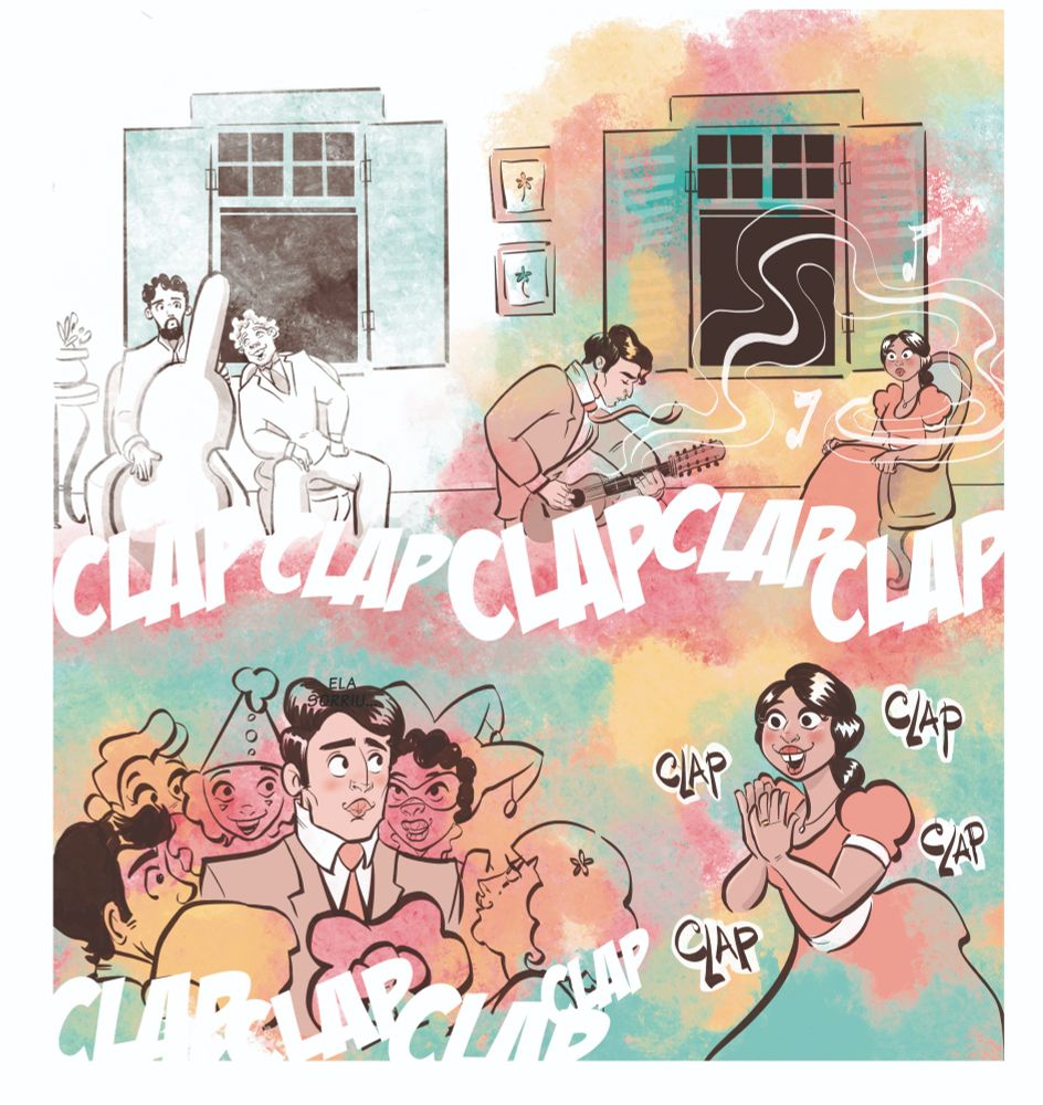 parte de uma página de quadrinhos colorida, um rapaz toca uma música num machete e é aplaudido por todos, mas especialmente por uma moça sorridente de dentinhos separados