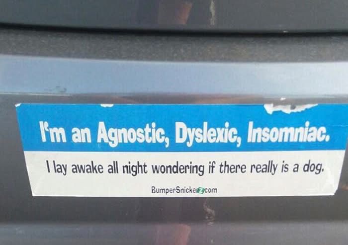 Bumper sticker: “I’m an agnostic, dyslexic, insomniac. I lay awake all night wondering if there really is a dog.”