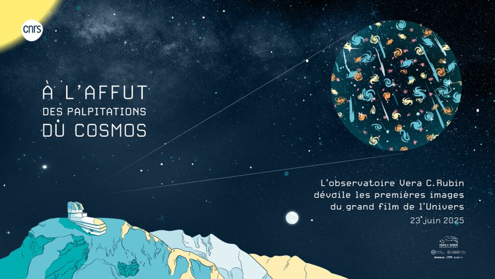 Affiche avec une vue artistique de l'observatoire Vera Rubin qui observe le ciel. Il est écrit : À l'affut des palpitations du cosmos. L'observatoire Vera C. Rubin dévoile les premières images du grand film de l'Univers. 23 janvier 2025. CNRS