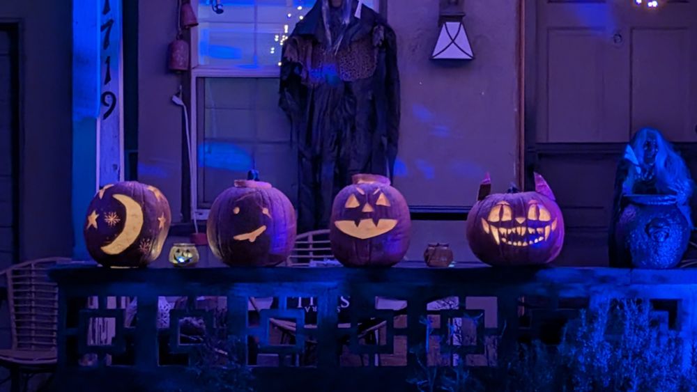 Four pumpkins on a ledge. Left to right: a pumpkin carved with a half moon and stars; a silly derpy looking pumpkin; a classic evil face pumpkin; a demon kitty pumpkin (it might be Derpy from KDH??)