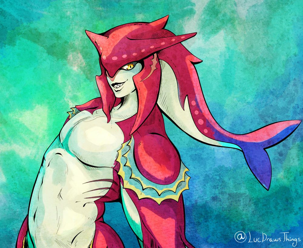 Prince Sidon from The Legend of Zelda: Breath of the Wild. He's a red zora man, built with thick arms and a lean torso, with jutting ridges in the fish shape over his eyes, a scar on his left 'hair' fin, gold eyes, and pointed teeth. He is not wearing his regalia, instead being 'naked' for a zora. The background behind him is a mix of vivid green and blue.