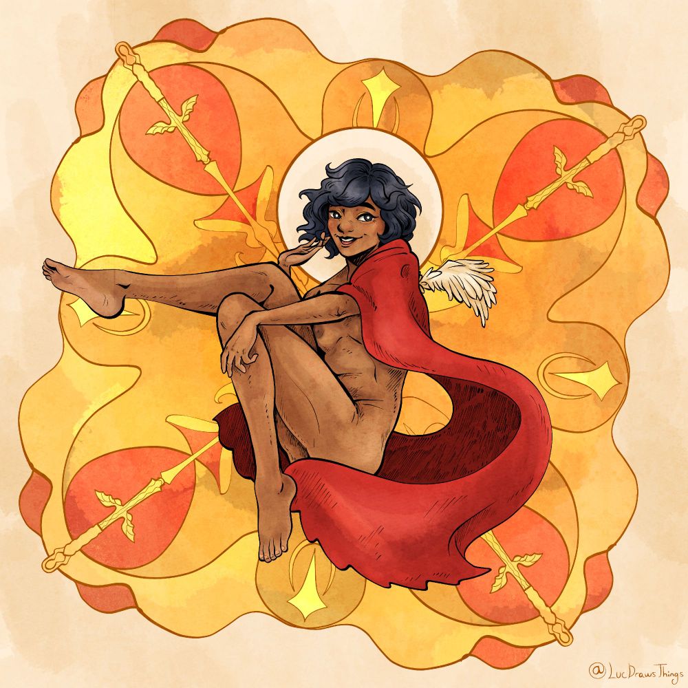 Royari San Sarnax from Dice Will Roll. They are a genderfluid swashbuckler of fantasy-Filipino descent. She has brown skin, shiny black hair, and dark grey eyes.  He is nude aside from his red coat/cape, which they wear to cover their modesty. She's sitting with her knees pulled up, right leg extended and left folded, a sweet smile on his face. From their back grows a tiny angel wing. The background is a golden pattern with four swords in a clover shape extending toward Royari in the centre.