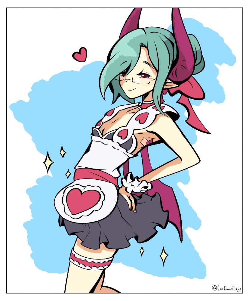 Christo from Disgaea 5 in a maid outfit. His green hair is tied up in a bun with a pink ribbon, and he wears a skimpy black dress with a white and pink heart-themed apron underneath. There are no petticoats underneath the skirt of the black dress. He wears a pink and white garterbelt on his left thigh, and another as a choker around his neck. Limp, paper demon wings are taped to his back.