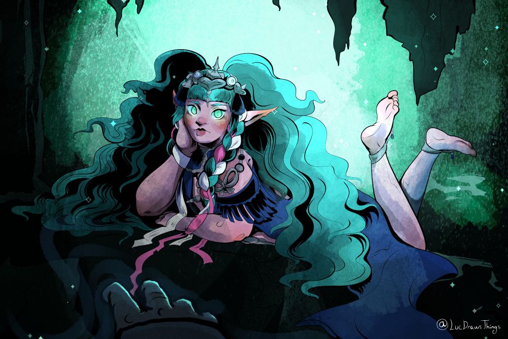 Sothis, from FE3H. She presents as a young-looking ethereal girl, with bluish-pink pale skin, bright green, draconic eyes, and curly green hair. She's reclining on her stomach. kicking her legs girlishly as she rests her head against her right hand. She stares imposingly at the viewer, implied to be Byleth by the reaching hand seen at the bottom of the image. Sothis is backlit by bright blue-green light, similar to that emanating from her eyes. The area below her is pure black and can't be made out beyond being craggy.