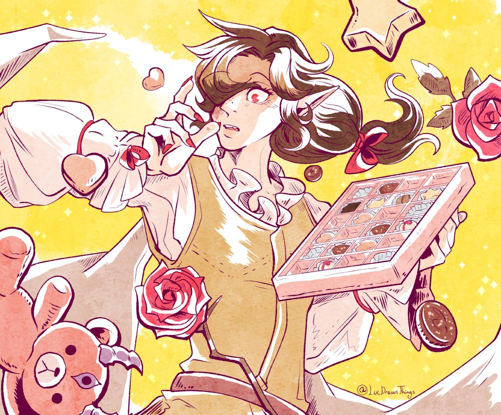 Master Big Star from Disgaea 3. His long, brown hair is tied in a low ponytail with a red ribbon, and he wears a yellow sleeveless waistcoat with a pink-brown belt. There's a pale pink puffy shirt underneath it with long, flowing sleeves. He holds a pink box of chocolates in his left hand, as plenty of chocolates fall around him, as well as a few flowers, and a demonic teddy bear. He looks on, shocked at the mess of things being dropped. The background is a vivid yellow.