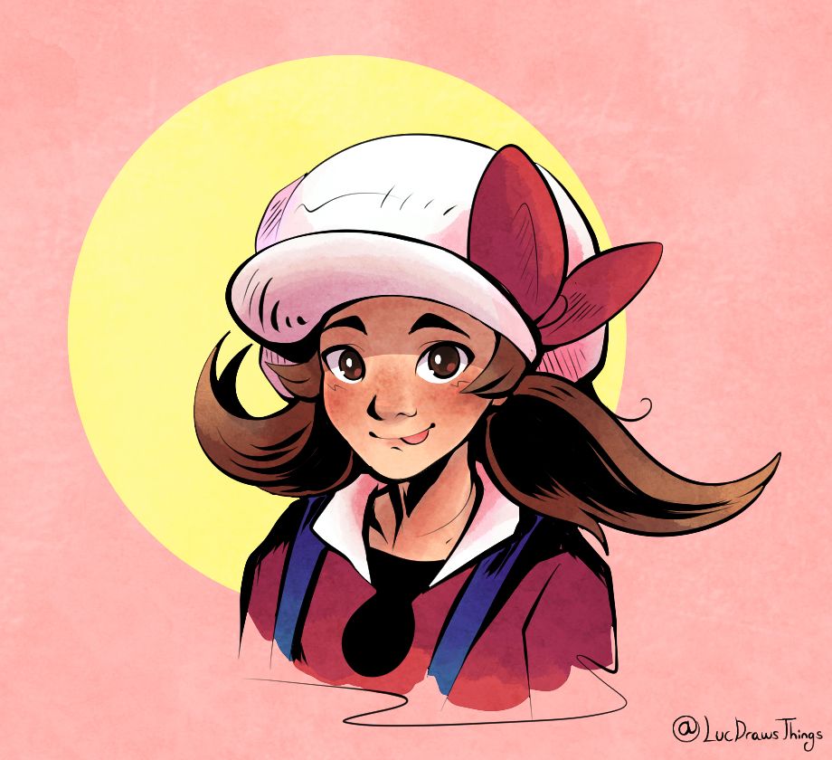 A simple bust of Kotone from Pokemon HeartGold and SoulSilver. She's a young girl with brown hair and brown eyes. Her hair is tied in uneven pigtails, and she wears a large, white hat with a red bow ribbon on the side on her head. Her skin is light in tone, though over her cheeks and neck it is reddened with sunburn. She's also covered in faint freckles. She smiles, tongue poking out over her lip.