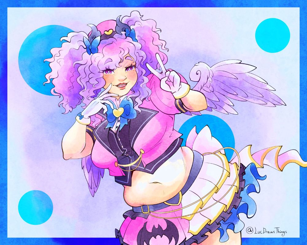 Idol Ceefore from Disgaea RPG. She's a young, plump woman dressed in a midriff-baring idol outfit. Her lilac hair is tied up in curly, loose twintails, and a tiny pink and black hat with a yellow heart matches her outfit. There are yellow hearts and blue bows scattered over her outfit, as well as a dark purple bat on her skirt. With one finger pressed to the corner of her mouth, she smiles at the viewer, her other hand raised in a V-sign.
