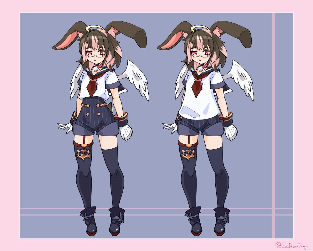 Toto Bunny, a light-skinned angel/kemonomimi bunny hybrid. He has brown hair with soft pink streaks, large brown lop-ear bunny ears, relaxed pink eyes, and small, fluffy white angel wings. He wears a choker with a lop rabbit medallion hanging from it, a sailor suit top, high-waisted blue shorts, and thigh-high blue stockings with shiny booties over them. On his right leg he wears a garter belt with a gold anchor accessory hanging from it. He wears detached cuffs around his wrists that connect to white gloves. On the left version, his shirt is tucked neatly into his shorts, showing them off. On the right, his shirt is loose, covering the shorts most of the way. The background is a simple pink-bordered blue square with a couple of pink lines through it.