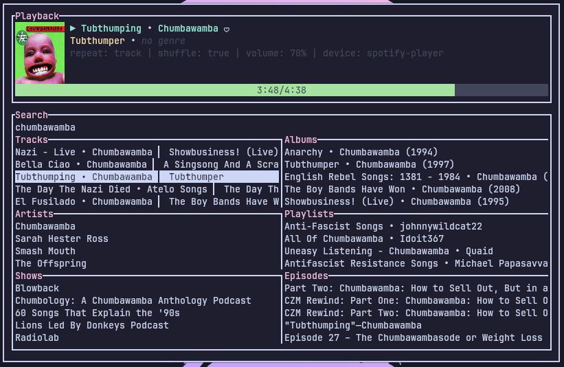 A terminal with spotify_player open, playing Tubthumping