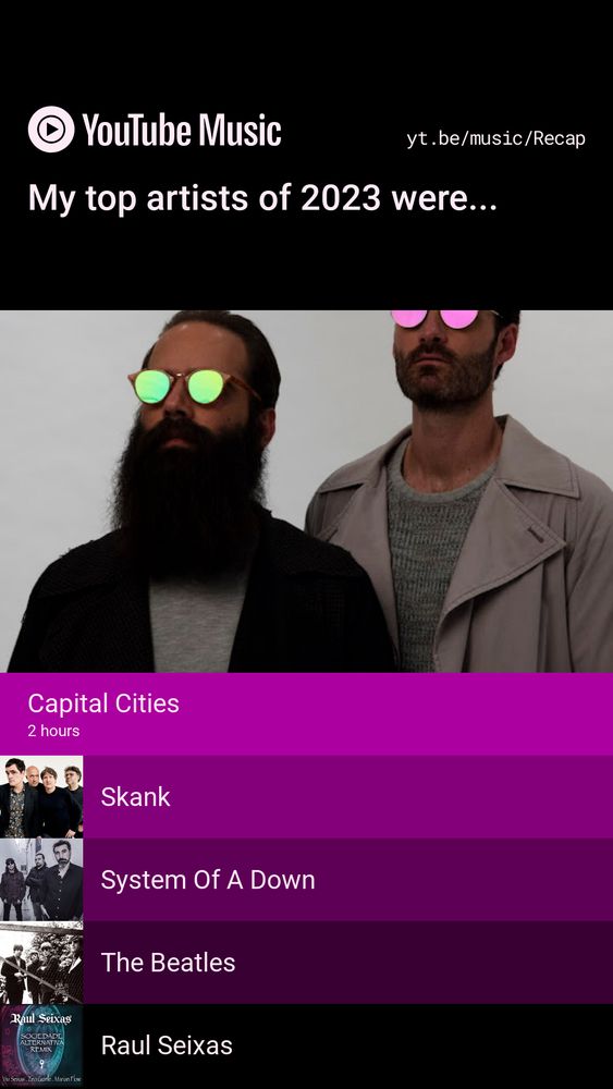 YouTube Music retrospective image, showing my top artists of 2023: Capital Cities, Skank, System Of A Down, The Beatles and Raul Seixas.