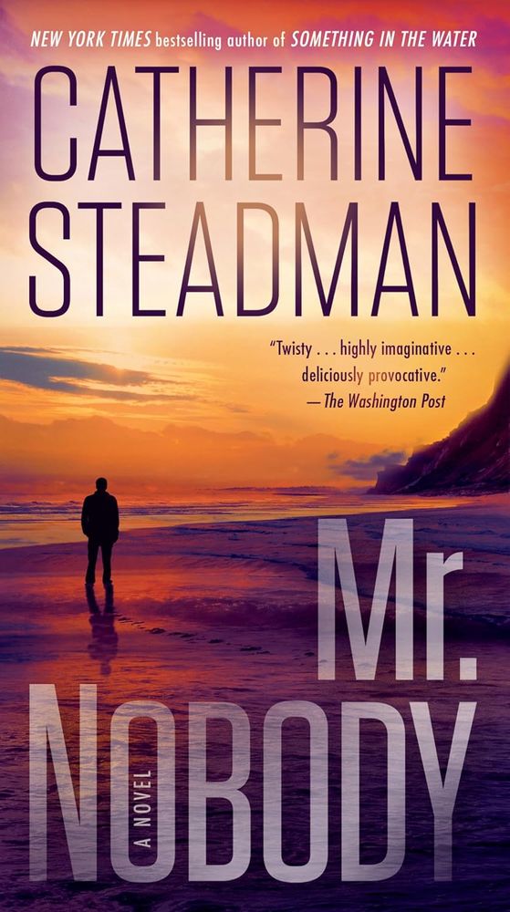 Catherine Steadman on top, Mr. Nobody on bottom, large tall letters. Beach nearing sunset, nice yellows and oranges, silhouette of a man standing on purplish sand.